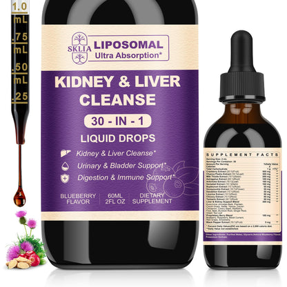 30-in-1 Kidney & Liver Detox Drops – Cranberry, Milk Thistle & Chanca Piedra | Blueberry Flavor | 1P