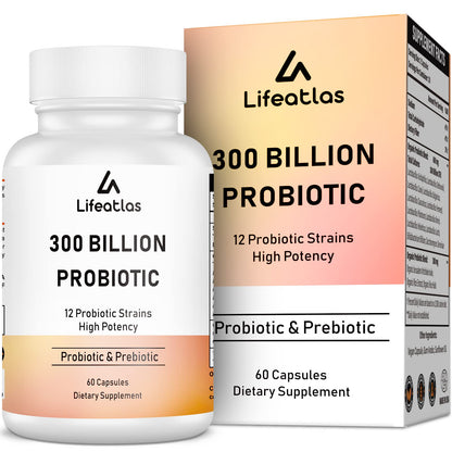 300 Billion CFU Probiotics - Gut Health, 12 Strains + Prebiotic, 60 Caps