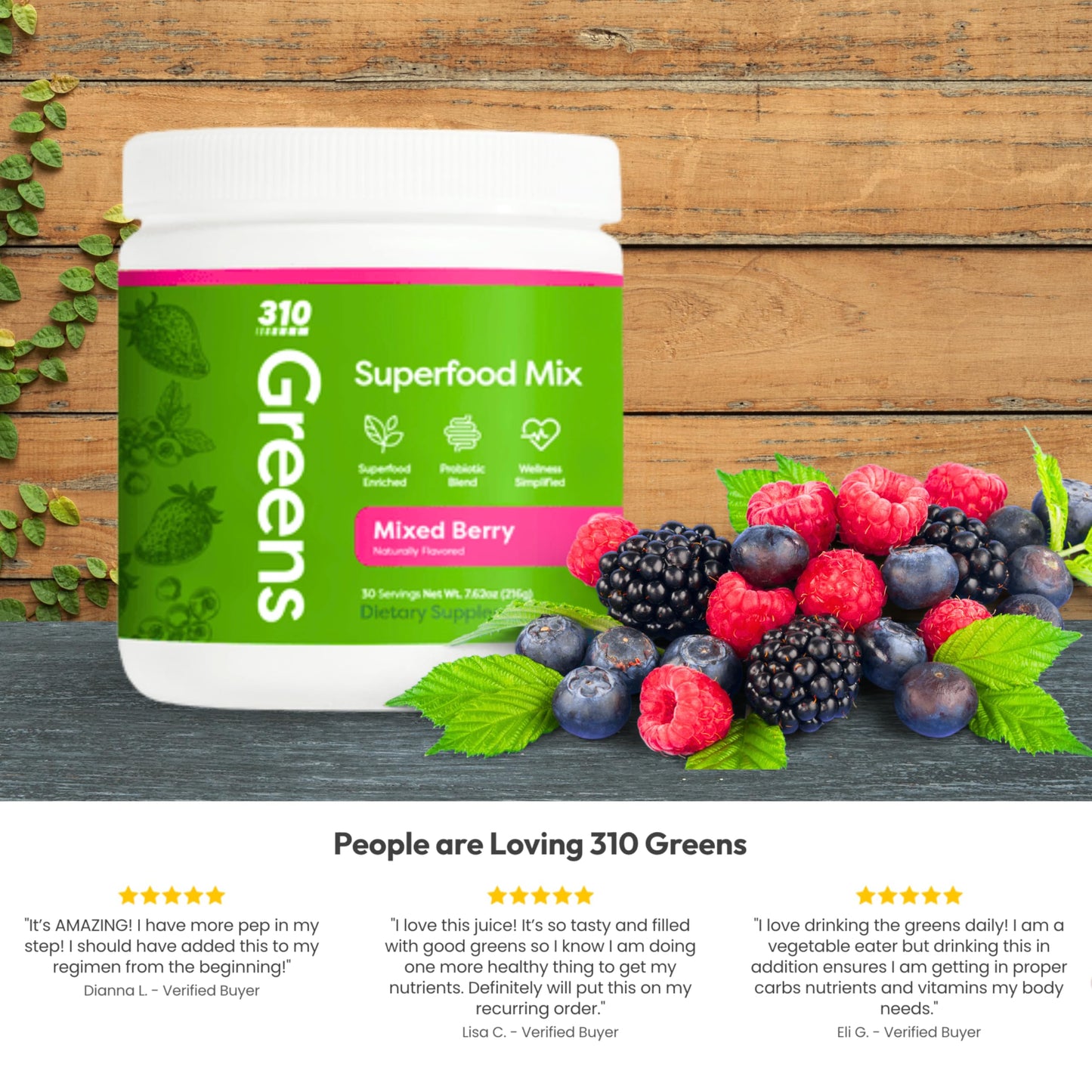 310 Nutrition Organic Superfood Greens Powder – Immune Support, Berry Flavor, 30 Servings