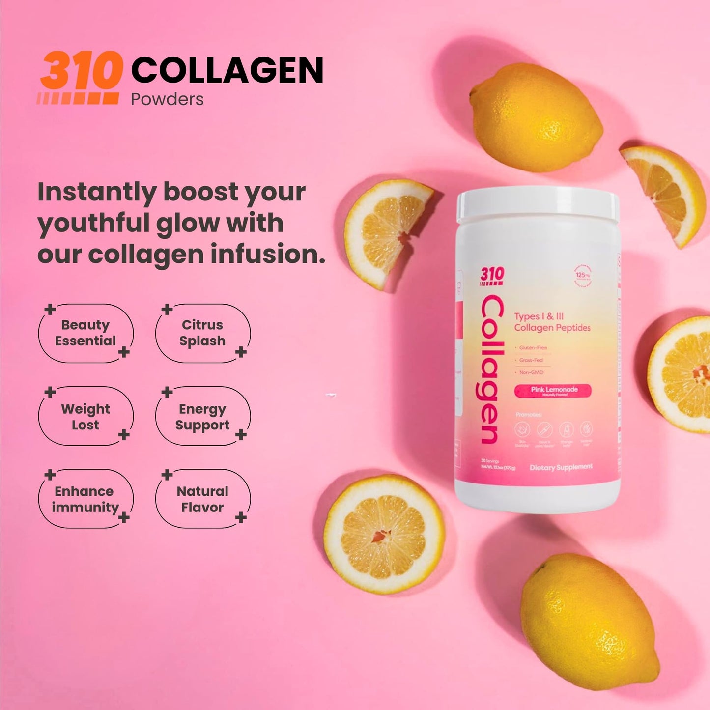 Hydrolyzed Collagen Peptides Powder – Grass-Fed with Vitamins C/D/E, Hyaluronic Acid & Resveratrol | Pink Lemonade 30 Servings