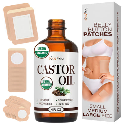 32PC Castor Oil Patch Set – Organic Cold-Pressed Castor Oil, 4 oz in Amber Glass Bottle