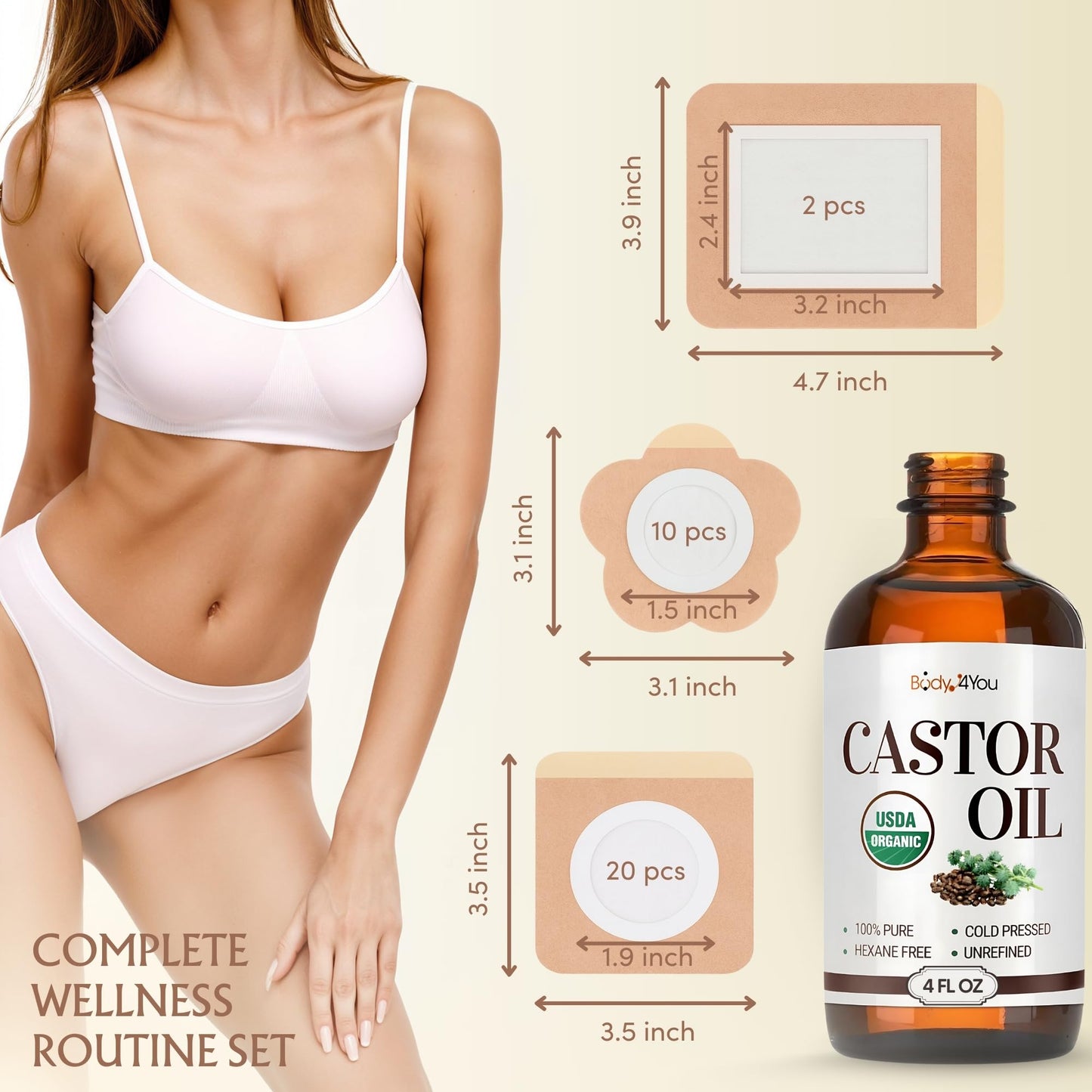 32PC Castor Oil Patch Set – Organic Cold-Pressed Castor Oil, 4 oz in Amber Glass Bottle