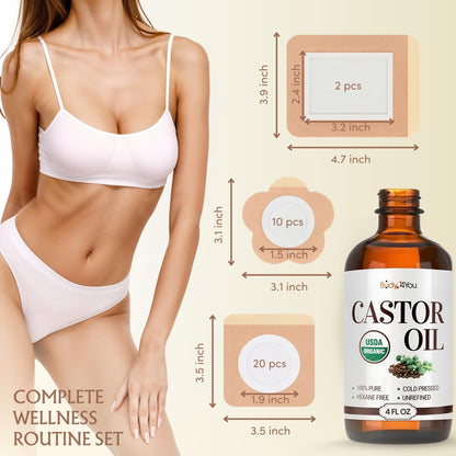 32PC Castor Oil Patch Set – Organic Cold-Pressed Castor Oil, 4 oz in Amber Glass Bottle