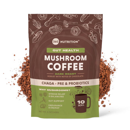 360 Nutrition Instant Mushroom Coffee with Chaga & Prebiotics — Gut Health, Probiotics, Focus Support | Dark Roast 5 oz
