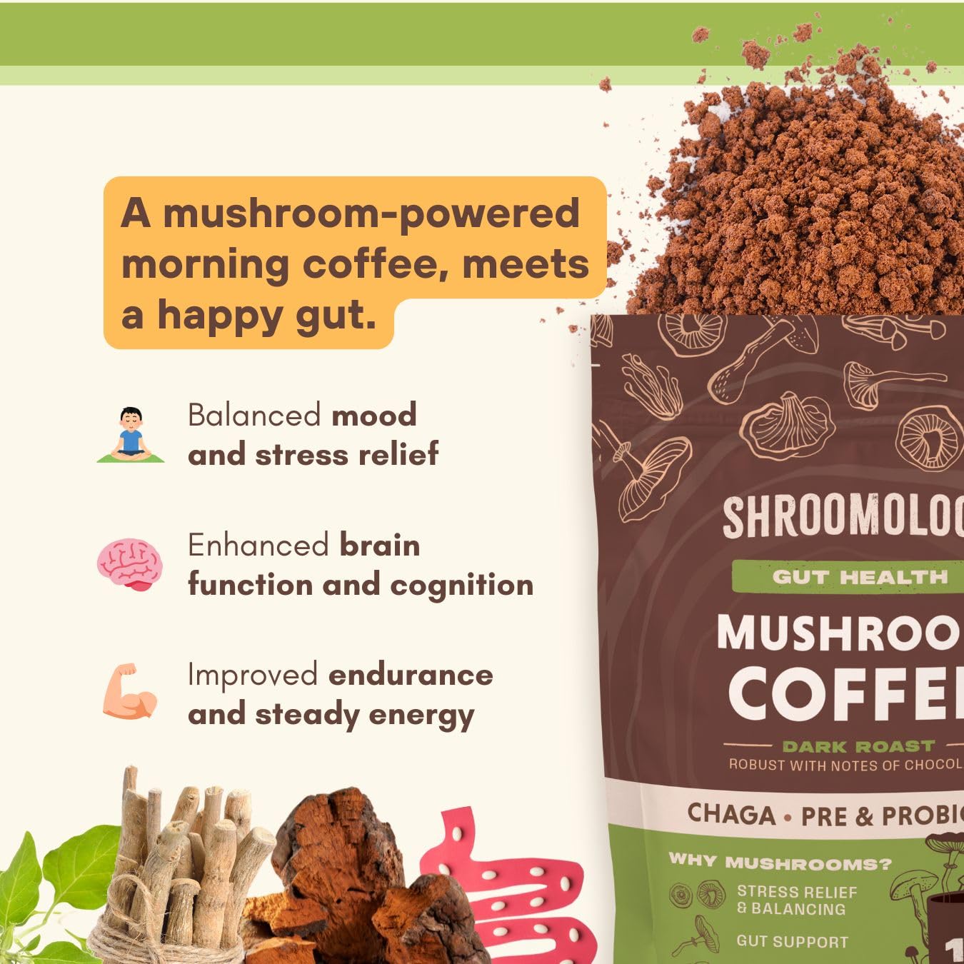 360 Nutrition Instant Mushroom Coffee with Chaga & Prebiotics — Gut Health, Probiotics, Focus Support | Dark Roast 5 oz