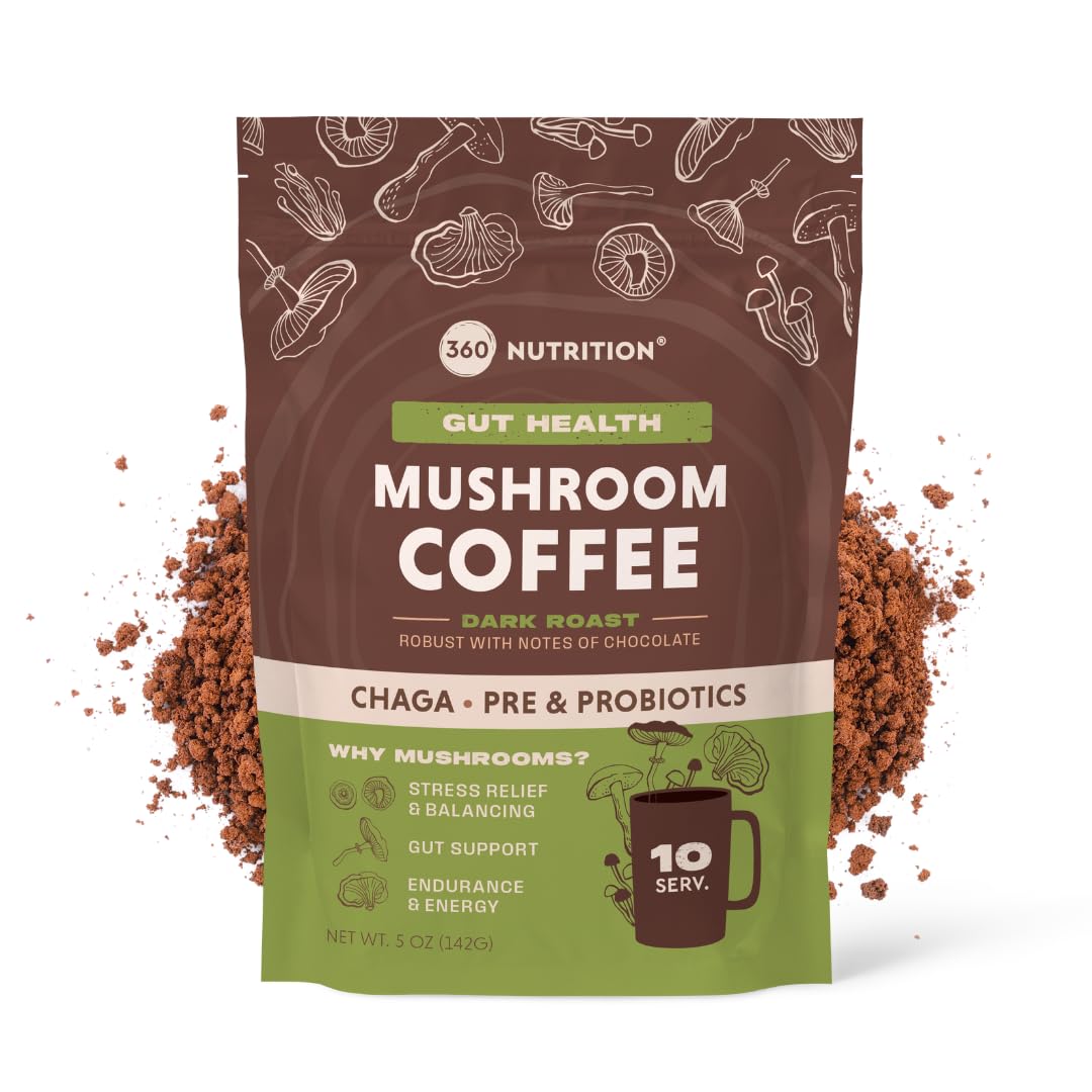 360 Nutrition Instant Mushroom Coffee with Chaga & Prebiotics — Gut Health, Probiotics, Focus Support | Dark Roast 5 oz