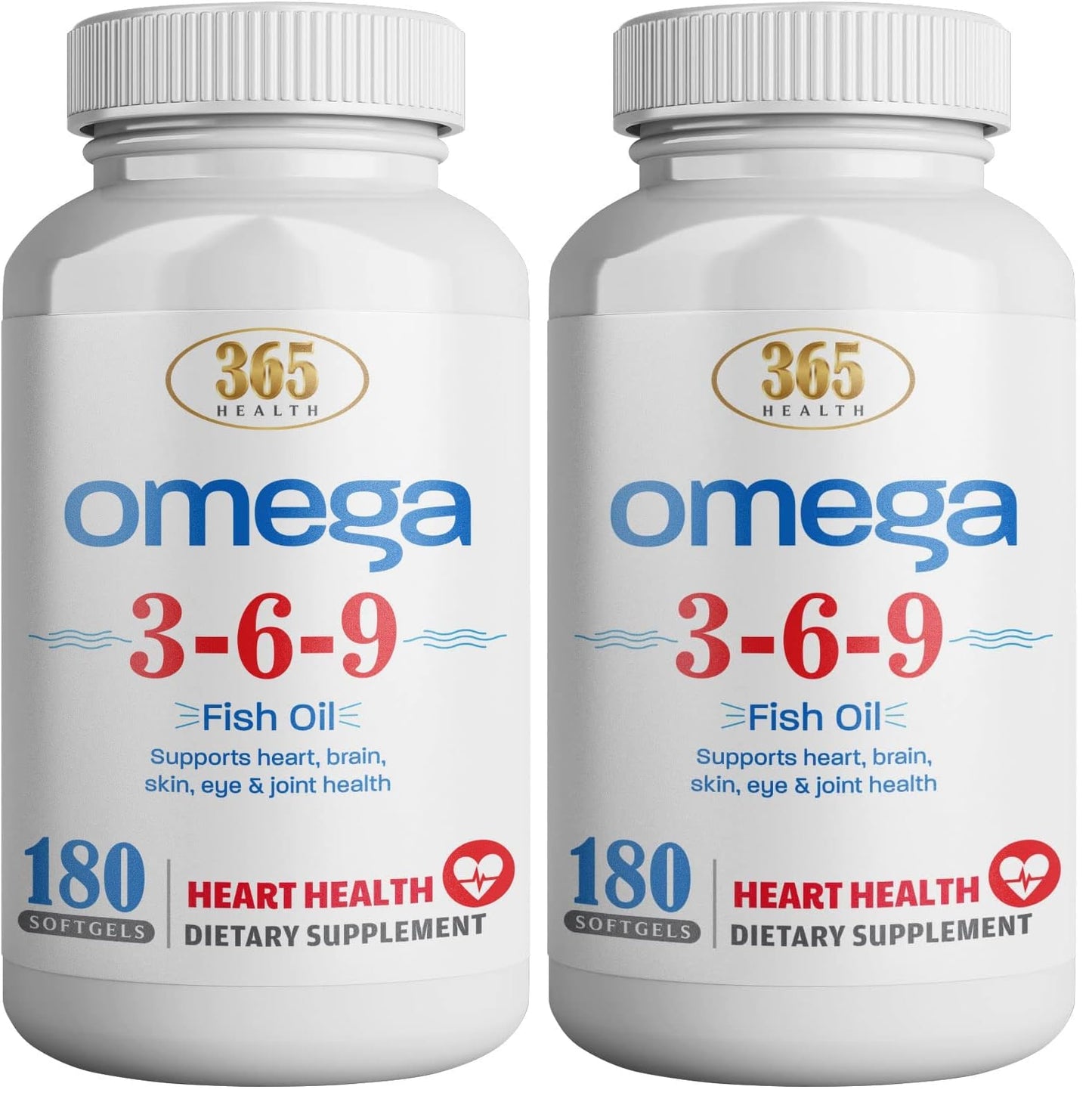 365 Health Omega 3-6-9 180 Softgels – from Fish, Flaxseed & Borage Oils – Non-GMO & Gluten Free (Pack of 2)