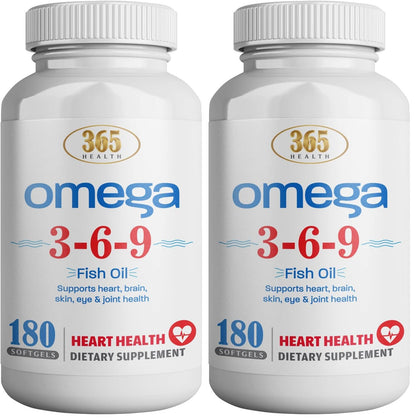 365 Health Omega 3-6-9 180 Softgels – from Fish, Flaxseed & Borage Oils – Non-GMO & Gluten Free (Pack of 2)
