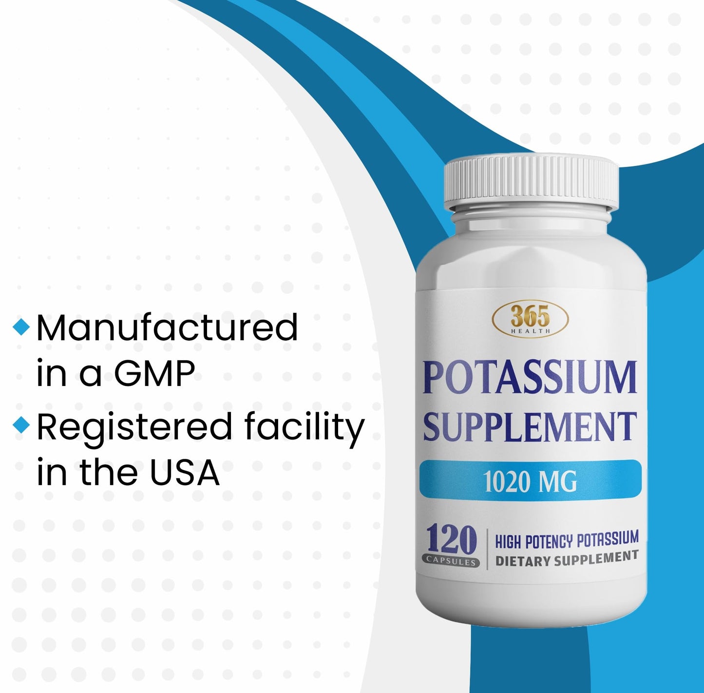 365 Health Potassium Supplement 1020 mg | Potassium Bicarbonate | Non-GMO, Gluten Free | Made in USA | 120 Vegetarian Capsules (2-Pack)