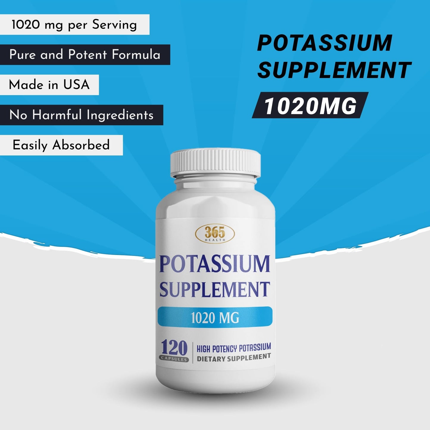 365 Health Potassium Supplement 1020 mg | Potassium Bicarbonate | Non-GMO, Gluten Free | Made in USA | 120 Vegetarian Capsules (2-Pack)