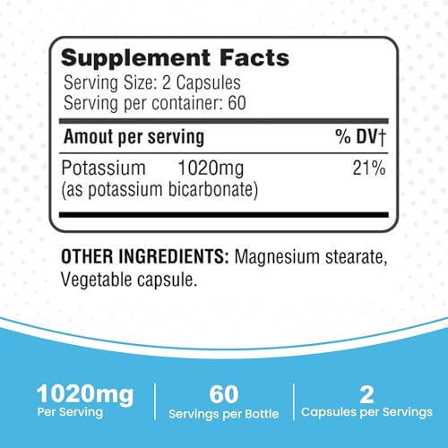 365 Health Potassium Supplement 1020 mg | Potassium Bicarbonate | Non-GMO, Gluten Free | Made in USA | 120 Vegetarian Capsules (2-Pack)