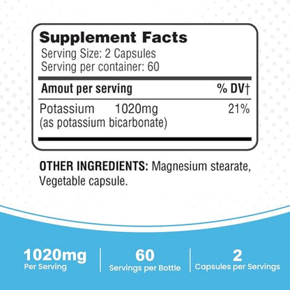 365 Health Potassium Supplement 1020 mg | Potassium Bicarbonate | Non-GMO, Gluten Free | Made in USA | 120 Vegetarian Capsules (2-Pack)