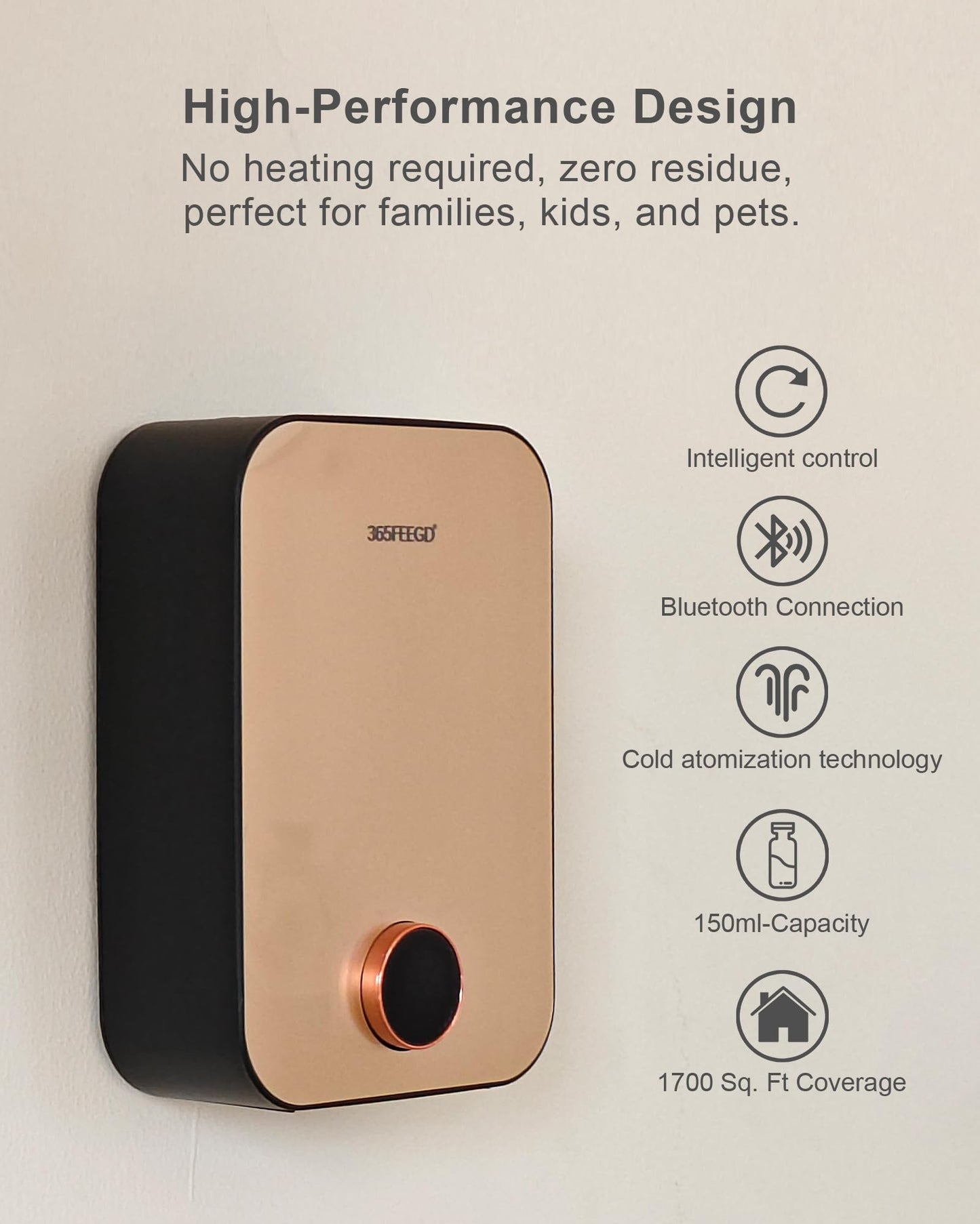 365FEEGD Home Diffuser 150ml – Bluetooth Control, 24/7 Customizable Settings (Black Gold)