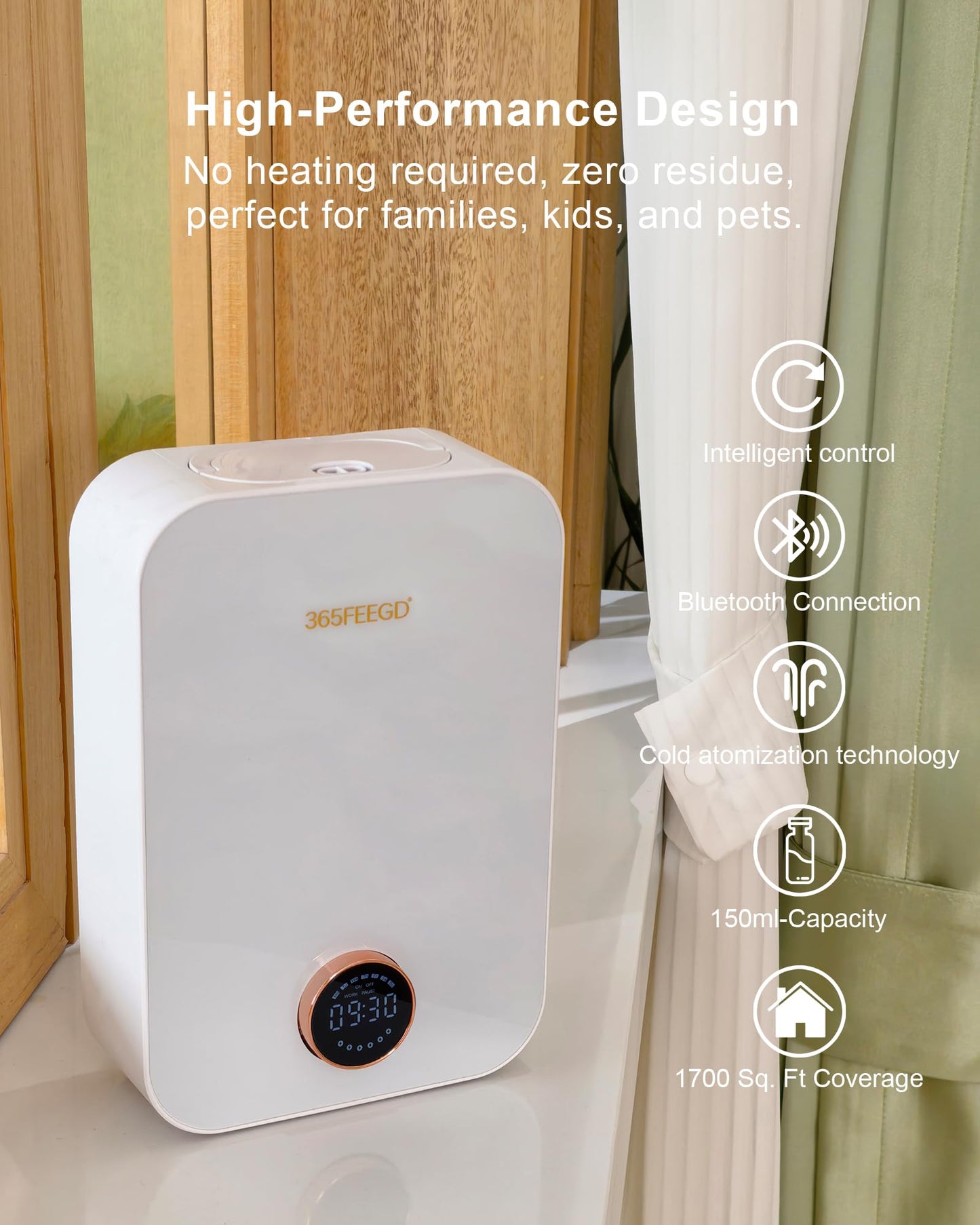 365FEEGD Home Diffuser - 150ml Large Capacity, Smart Bluetooth Control, 24/7 Settings (White)
