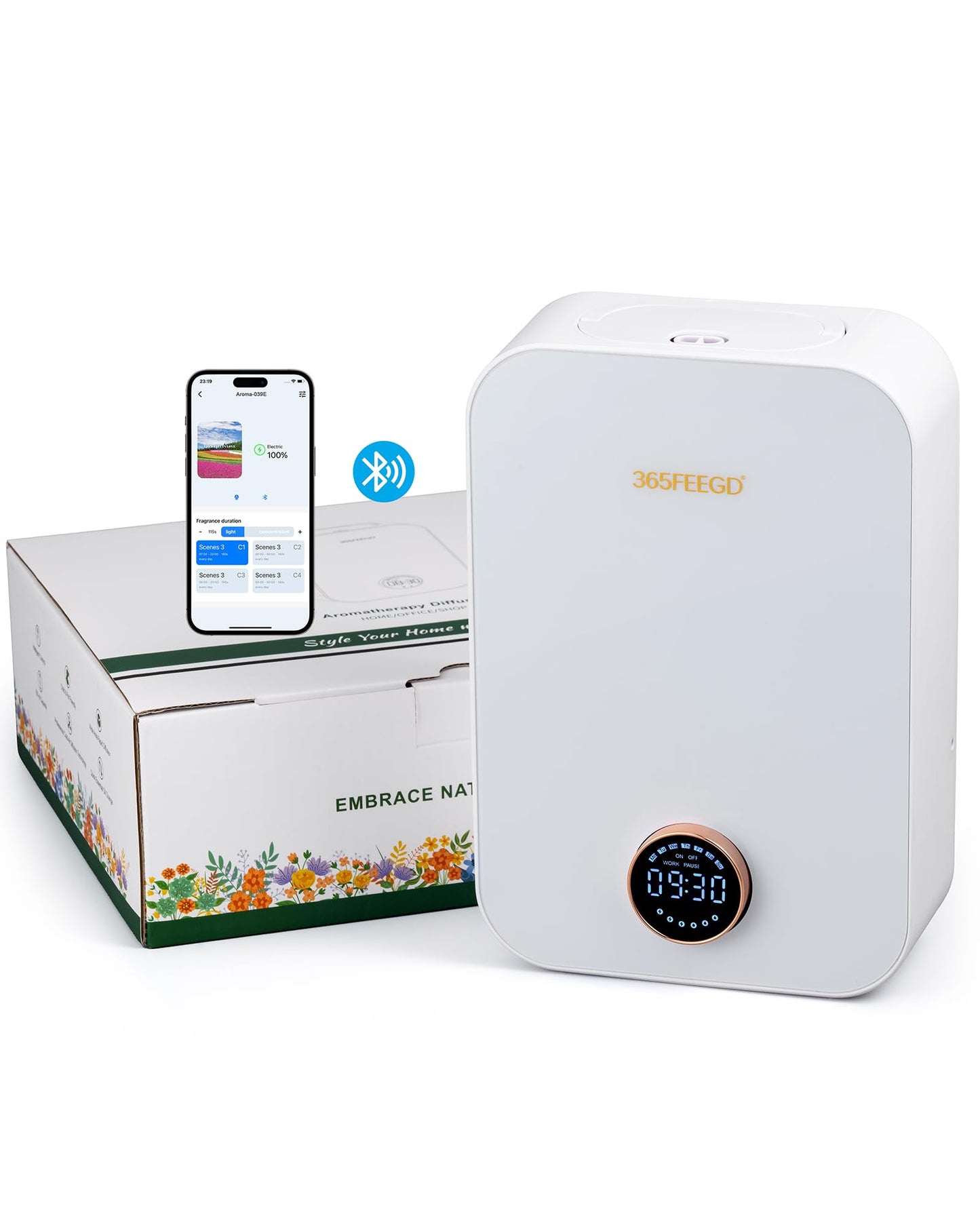 365FEEGD Home Diffuser - 150ml Large Capacity, Smart Bluetooth Control, 24/7 Settings (White)