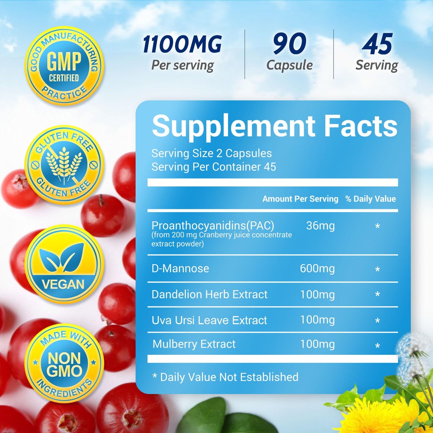 5 in 1 Cranberry UTI Support for Women – 36 mg PAC, 90 Caps