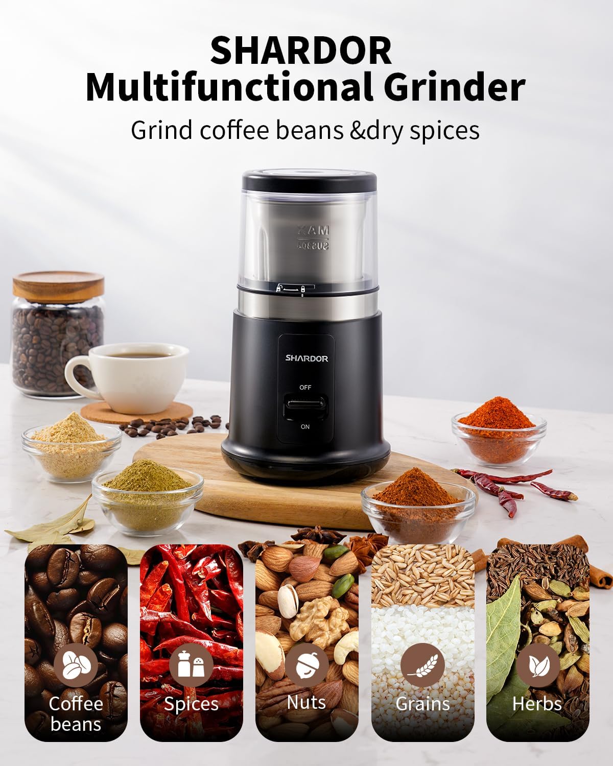 Electric Coffee Grinder 75g with Removable Stainless Steel One Bowl SHARDOR