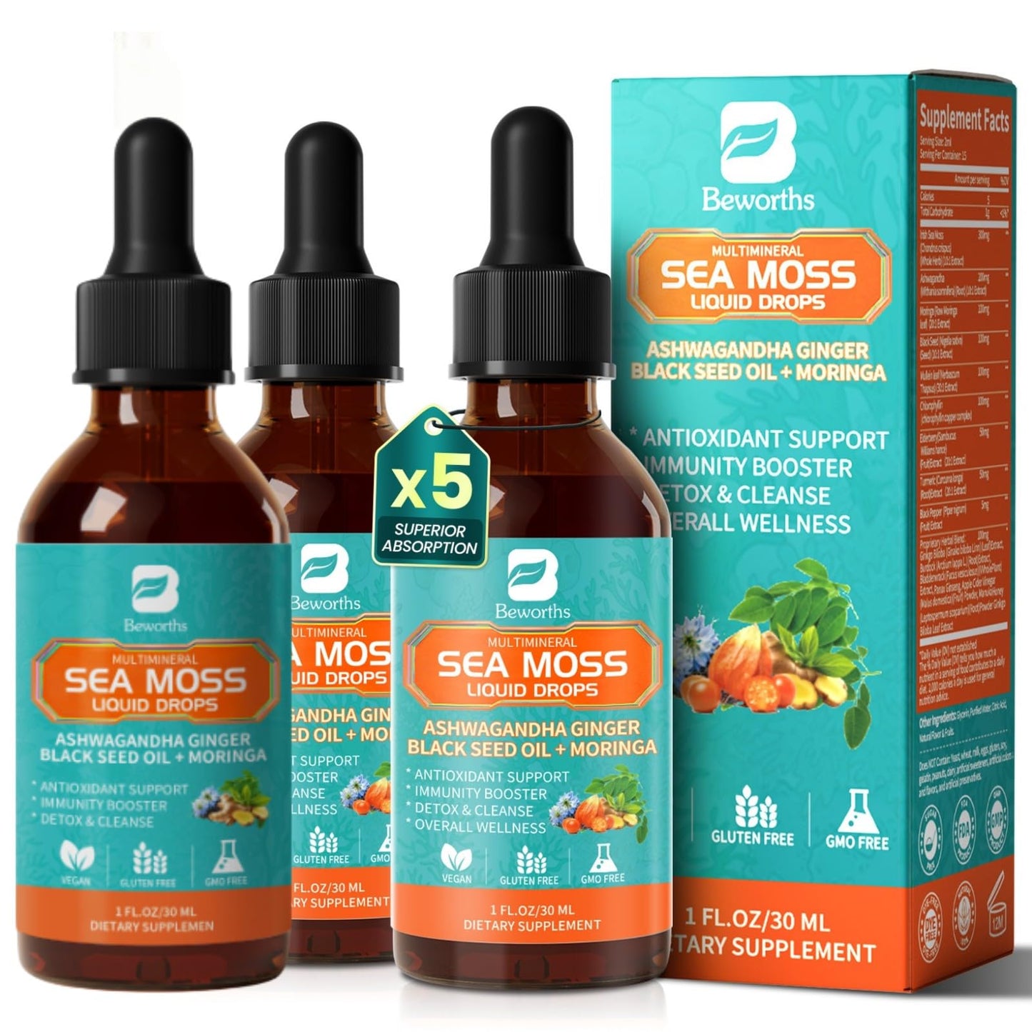 3Pack Sea Moss Drops – Irish Sea Moss Chlorophyll Liquid with Black Seed Oil & Immune Support