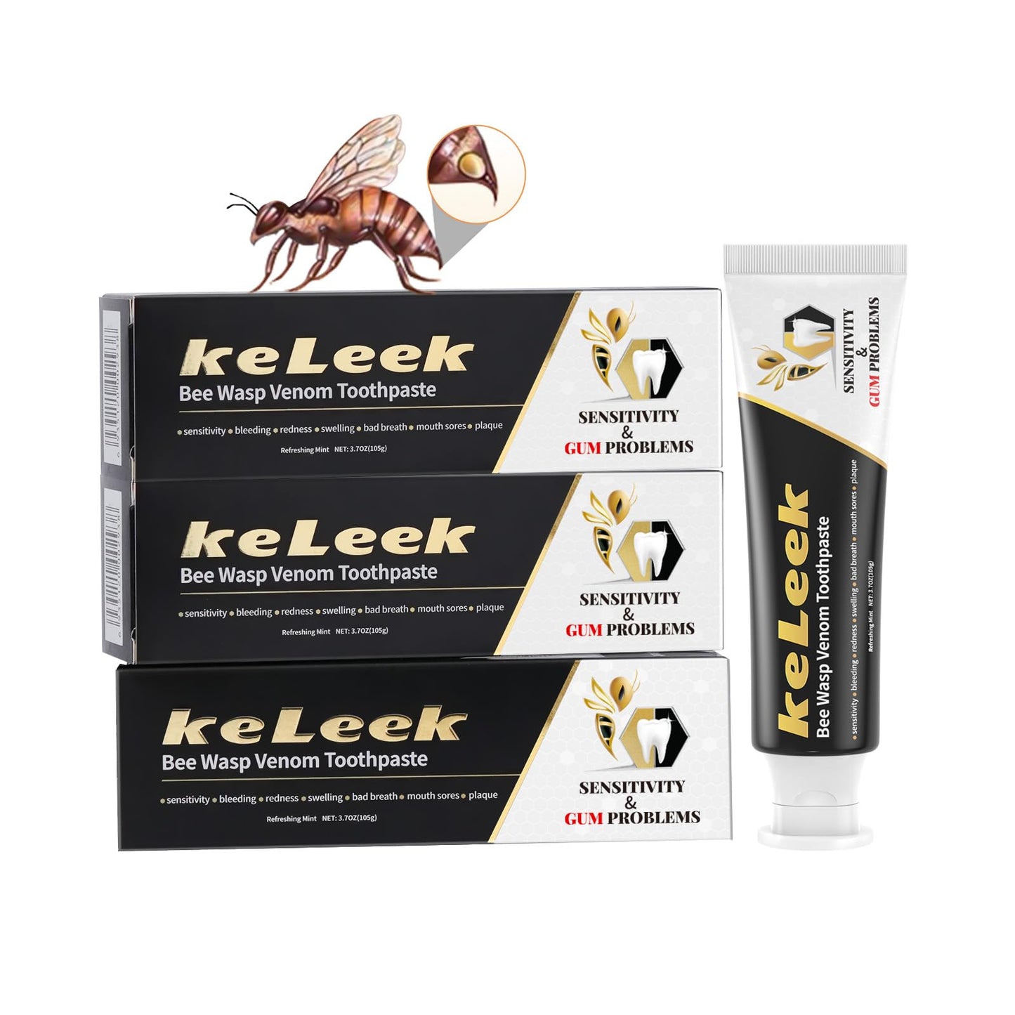 3PCS Bee Wasp Venom Toothpaste for Bleeding Gums, Gingivitis Treatment Repair, Sensitive Teeth, Mouth Sores, Plaque -150 MIN Breath Fresheners - 3.7 OZ(3 Pack)