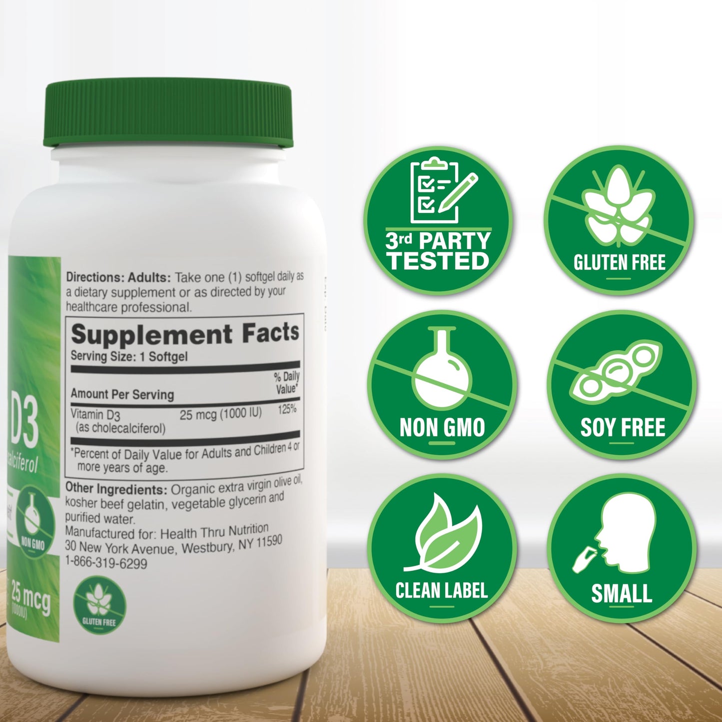 Health Thru Nutrition Vitamin D3 5000IU | 360 Mini Softgels in Organic EVOO | 3rd-Party Tested, Non-GMO USP