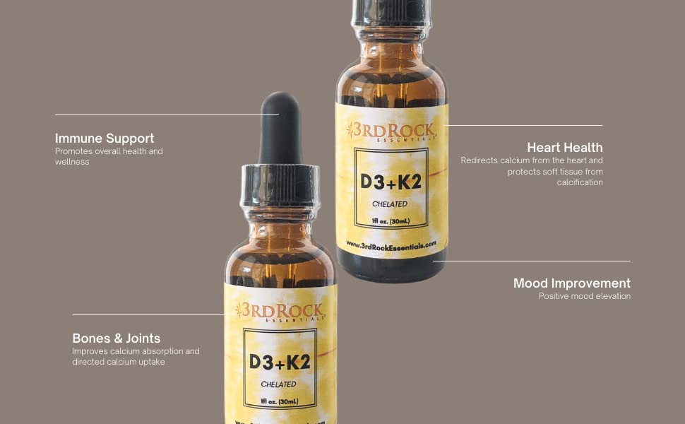 3rd Rock Essentials D3 K2 Liquid Drops – Chelated Vitamin D3 K2, Vegan, Gluten Free | 1 Fl Oz