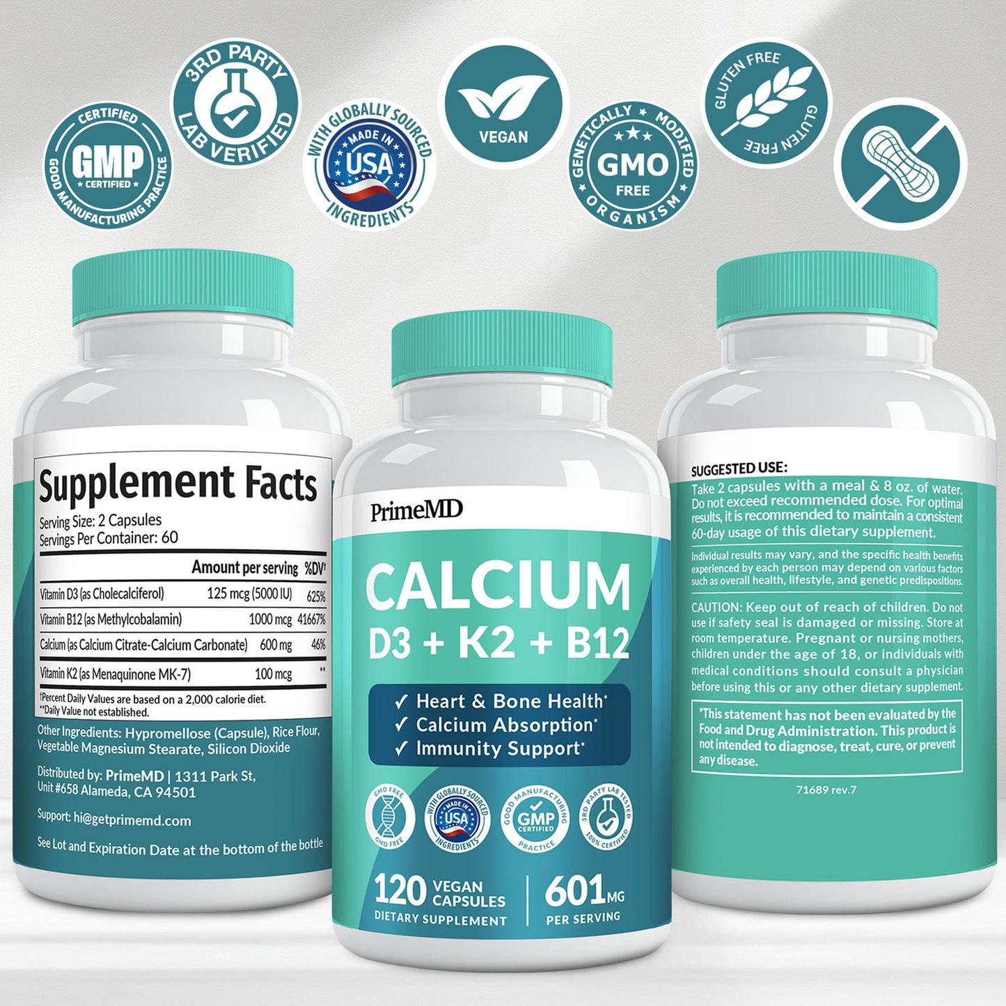 4-in-1 Calcium + Vitamin D3/K2 5000 IU - 601mg per Serving (120 ct) | Gluten-Free & Vegan