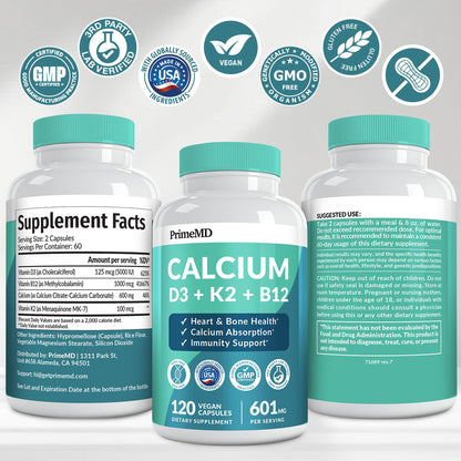 4-in-1 Calcium + Vitamin D3/K2 5000 IU - 601mg per Serving (120 ct) | Gluten-Free & Vegan