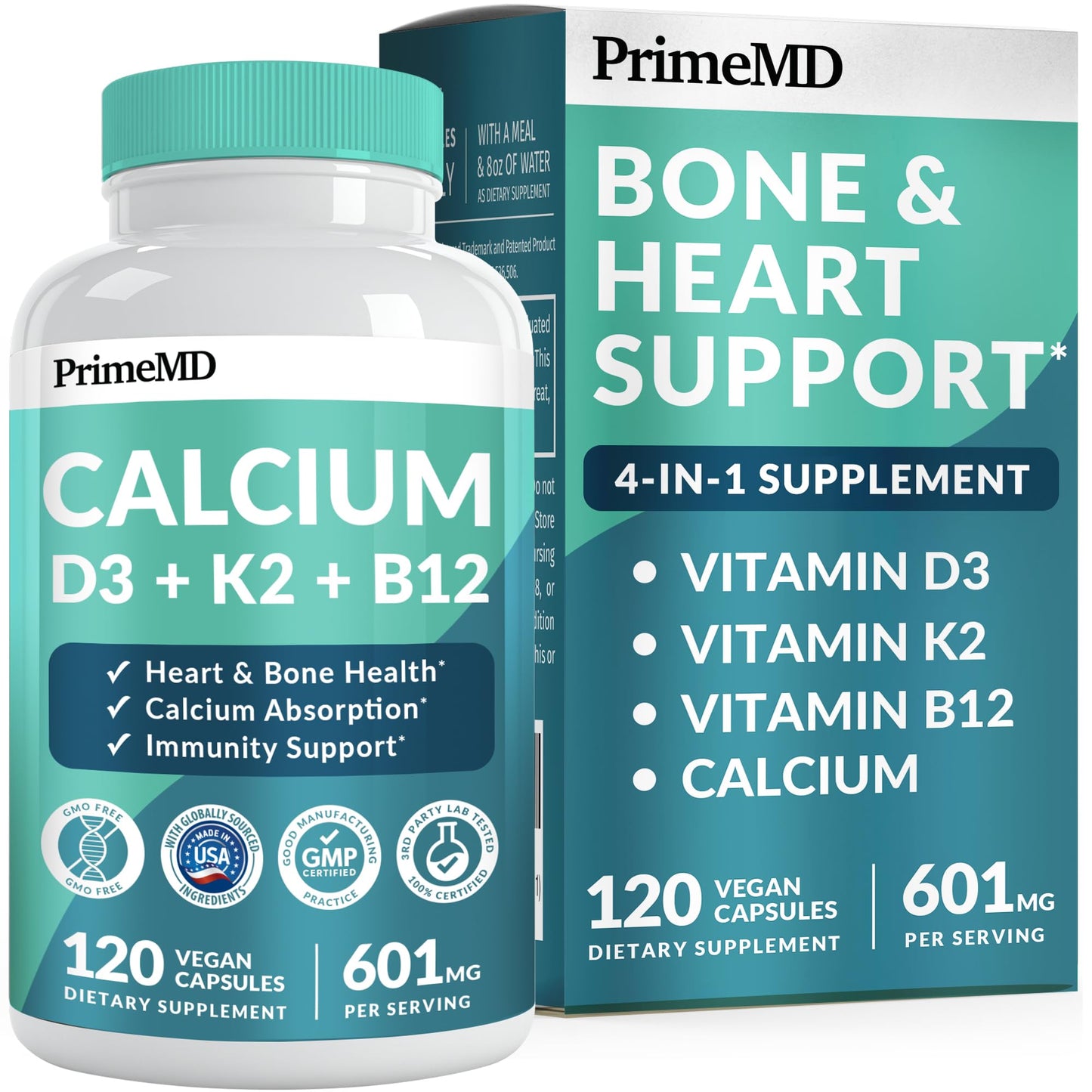 4-in-1 Calcium + Vitamin D3/K2 5000 IU - 601mg per Serving (120 ct) | Gluten-Free & Vegan