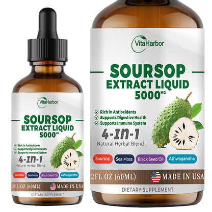 4-in-1 Soursop Bitters Liquid – Sea Moss, Black Seed Oil & Ashwagandha for Immune & Digestive Support (2 oz) | Sugar-Free, Non-GMO, Vegan