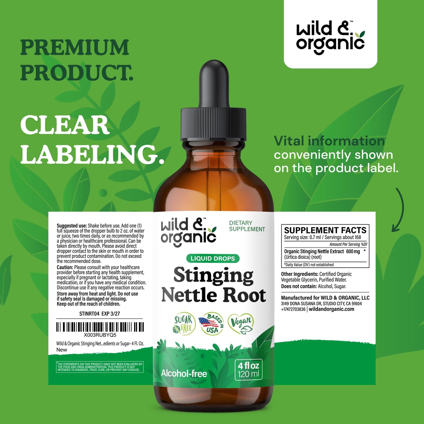 Wild & Organic Stinging Nettle Tincture – Vegan, Alcohol-Free (4 fl oz)