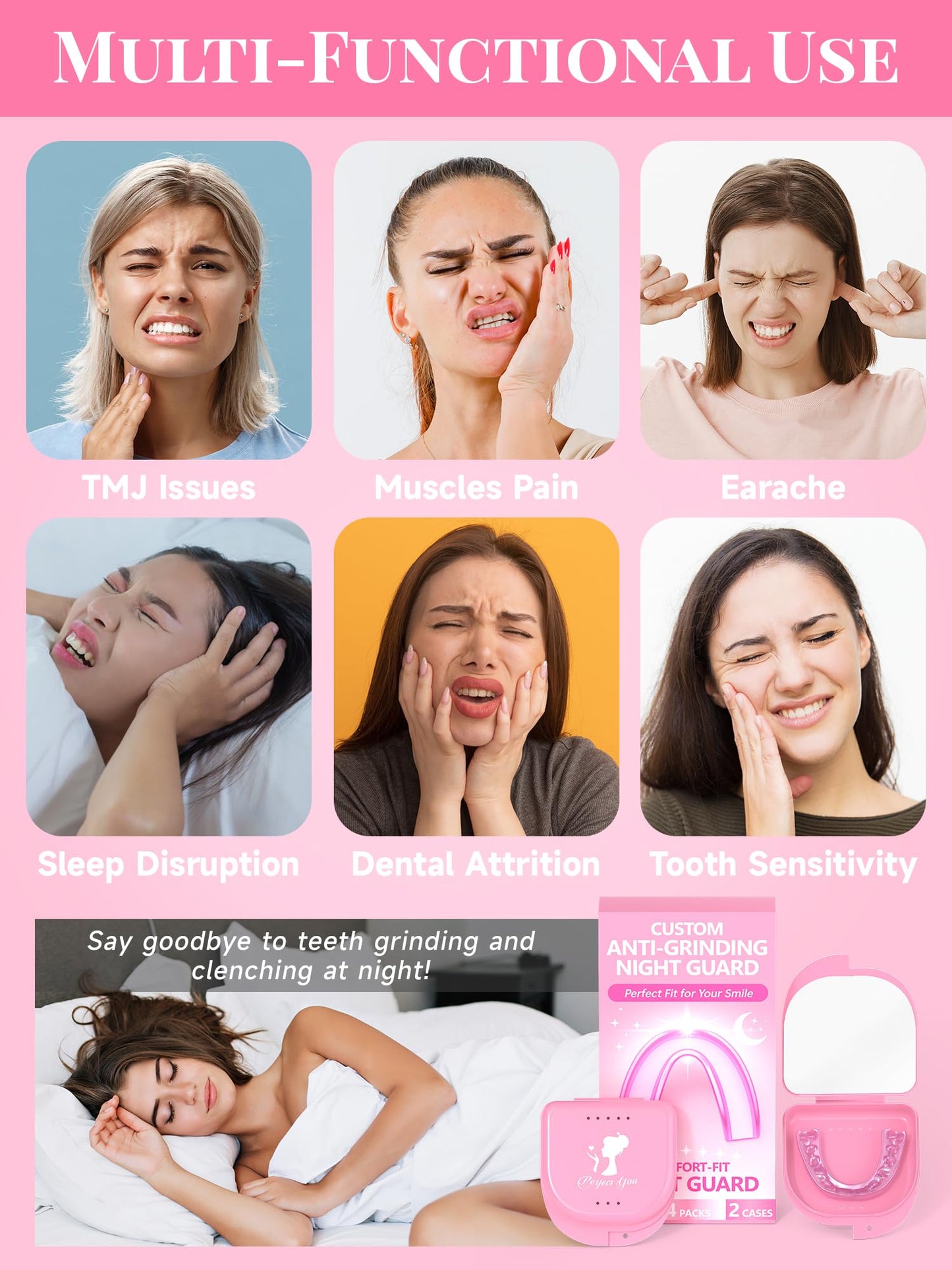 4 Pack Pink Night Guards for Teeth Grinding & Clenching | Bruxism Relief for Women & Adults