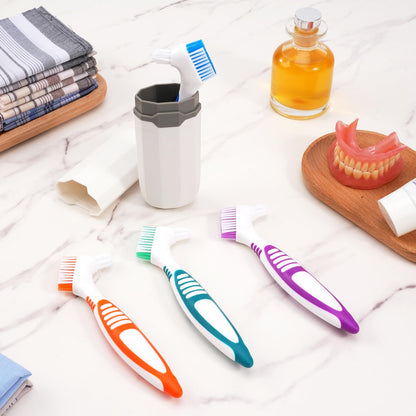 4 Pcs Denture Brush Set with White Carrying Case | Double-Sided, Multi-Layered Bristles, Anti-Slip Handle (4 Colors)