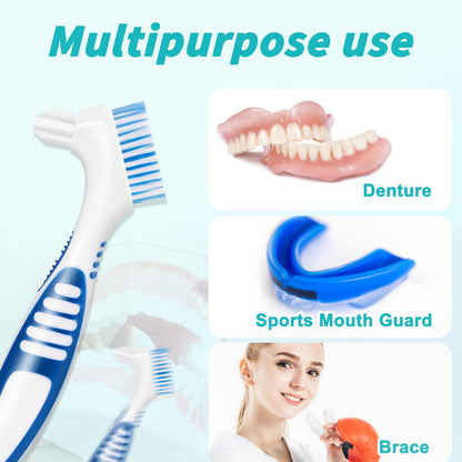 4 Pcs Denture Brush Set with White Carrying Case | Double-Sided, Multi-Layered Bristles, Anti-Slip Handle (4 Colors)