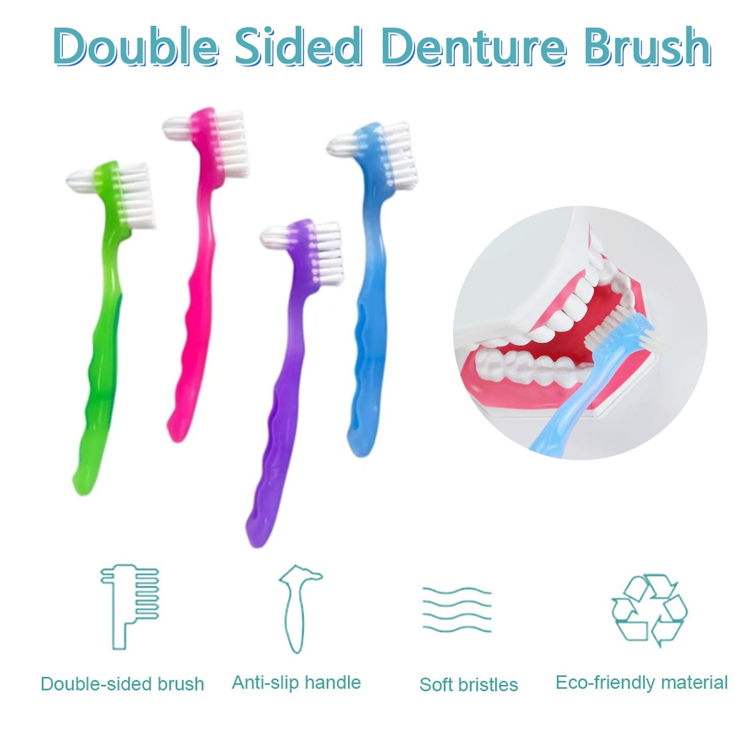 4 Pieces Denture Brush Set - Small Denture Brushes with Ergonomic Rubber Handles
