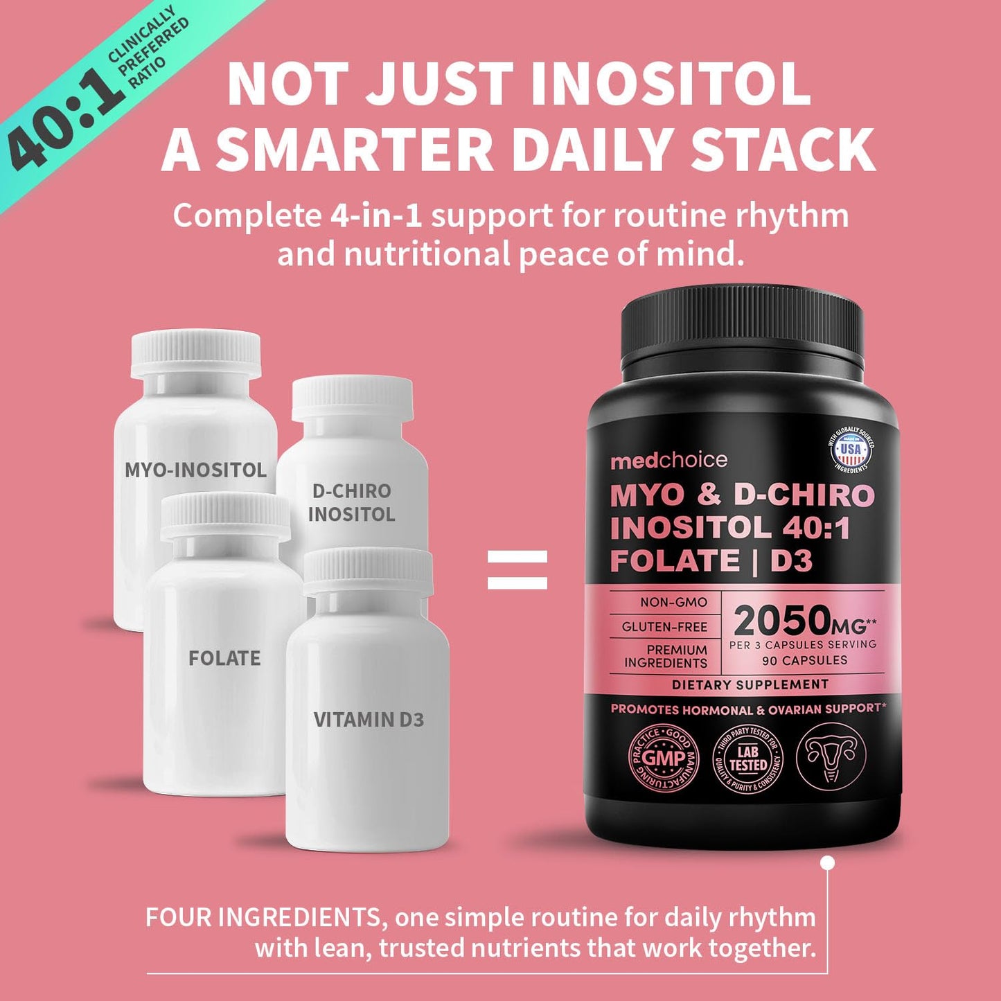 4-in-1 Inositol for Women | 40:1 Myo-Inositol & D-Chiro + Folate + Vitamin D3 (90 Count) - Vegan