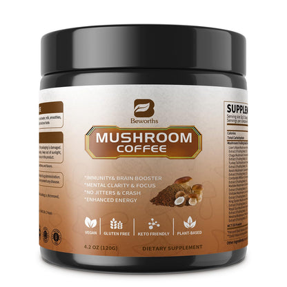 B BEWORTHS Mushroom Coffee with MCT Oil - 10-Mushroom Blend (Arabica) for Focus, Immunity, Gut & Brain Health | Vegan, Keto