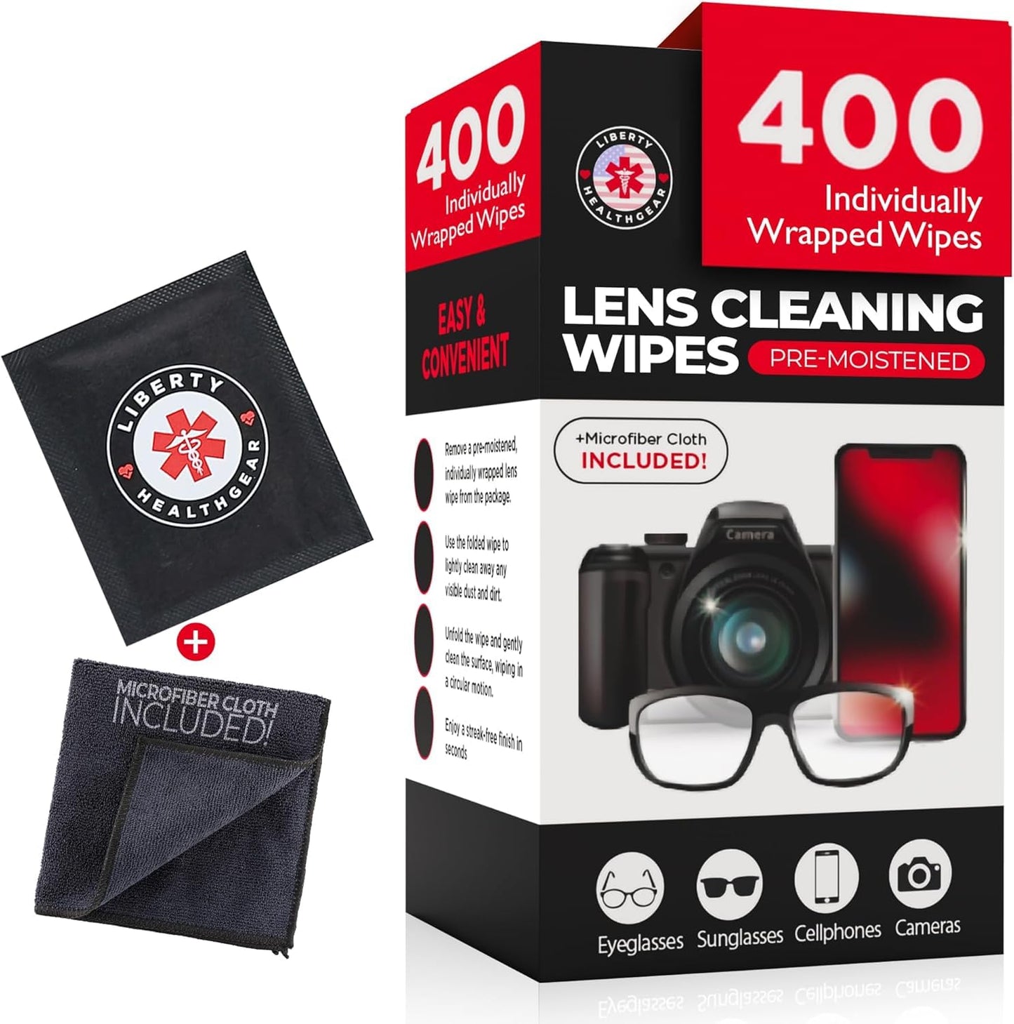 400 Eyeglass Cleaning Wipes + Microfiber Cloth – Pre-Moistened, Individually Wrapped