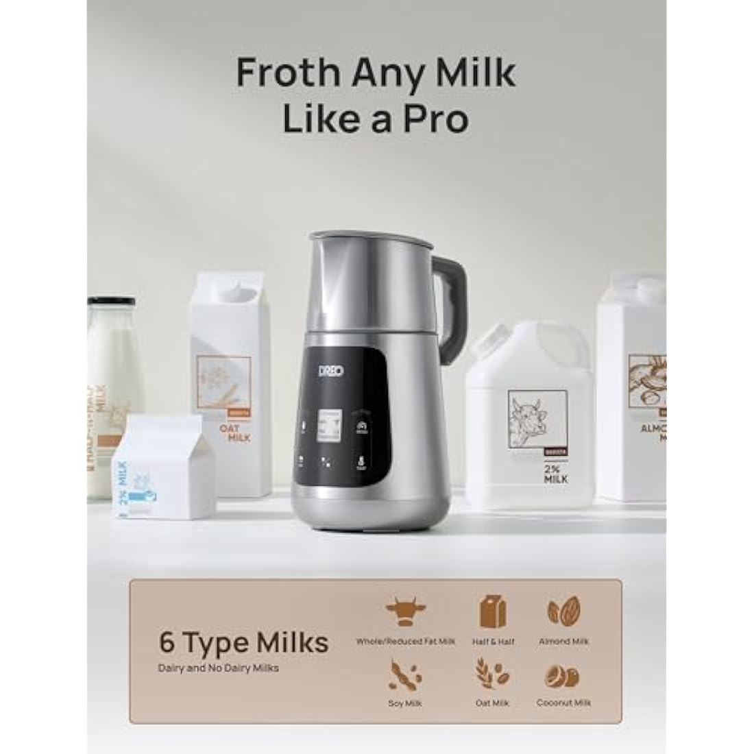 Dreo All-in-1 Milk Frother, Automatic Foam Maker for Latte Art-Level Microfoam and Hot/Cold Coffee, 27oz/800ml Electric Milk Warmer with 30+ Drinks, Dishwasher Safe, Dairy/Plant-Based Milk