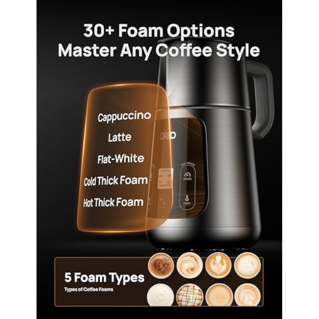 Dreo All-in-1 Milk Frother, Automatic Foam Maker for Latte Art-Level Microfoam and Hot/Cold Coffee, 27oz/800ml Electric Milk Warmer with 30+ Drinks, Dishwasher Safe, Dairy/Plant-Based Milk