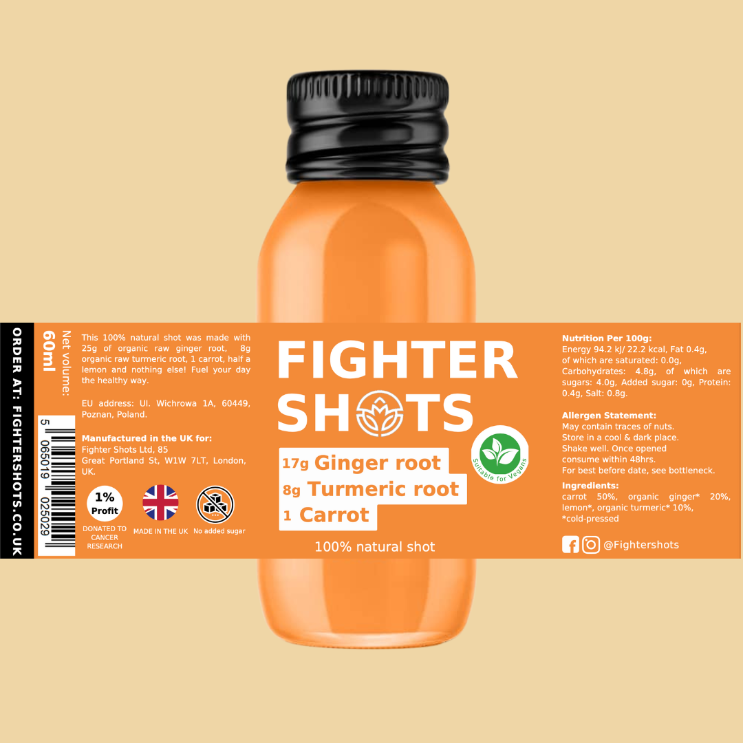 Fighter Shots Vegan Carrot + Ginger + Turmeric Wellness Shot | Cold-Pressed | 60ml | Single or 12-Pack