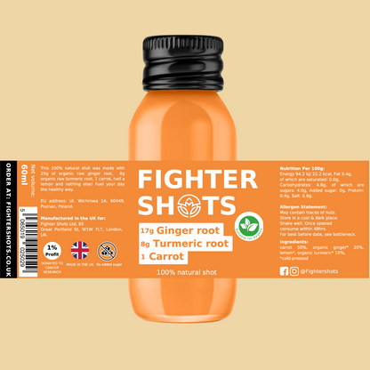 Fighter Shots Vegan Carrot + Ginger + Turmeric Wellness Shot | Cold-Pressed | 60ml | Single or 12-Pack