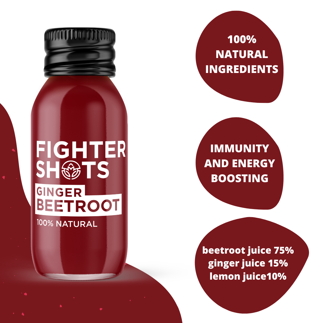 Fighter Shots Vegan Ginger + Beetroot Wellness Shot | Cold-Pressed | 60ml | Single, 6-Pack or 12-Pack