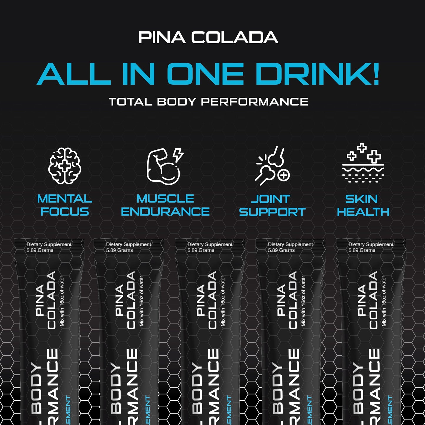 4D Total Body Supplements - Pina Colada 5 Unit Drink Mixes - Electrolytes, Aminos, Vitamins & Energy Powder Packets - Zero Calories & Sugars - Gluten Free, Non-GMO, Keto & Vegan Friendly