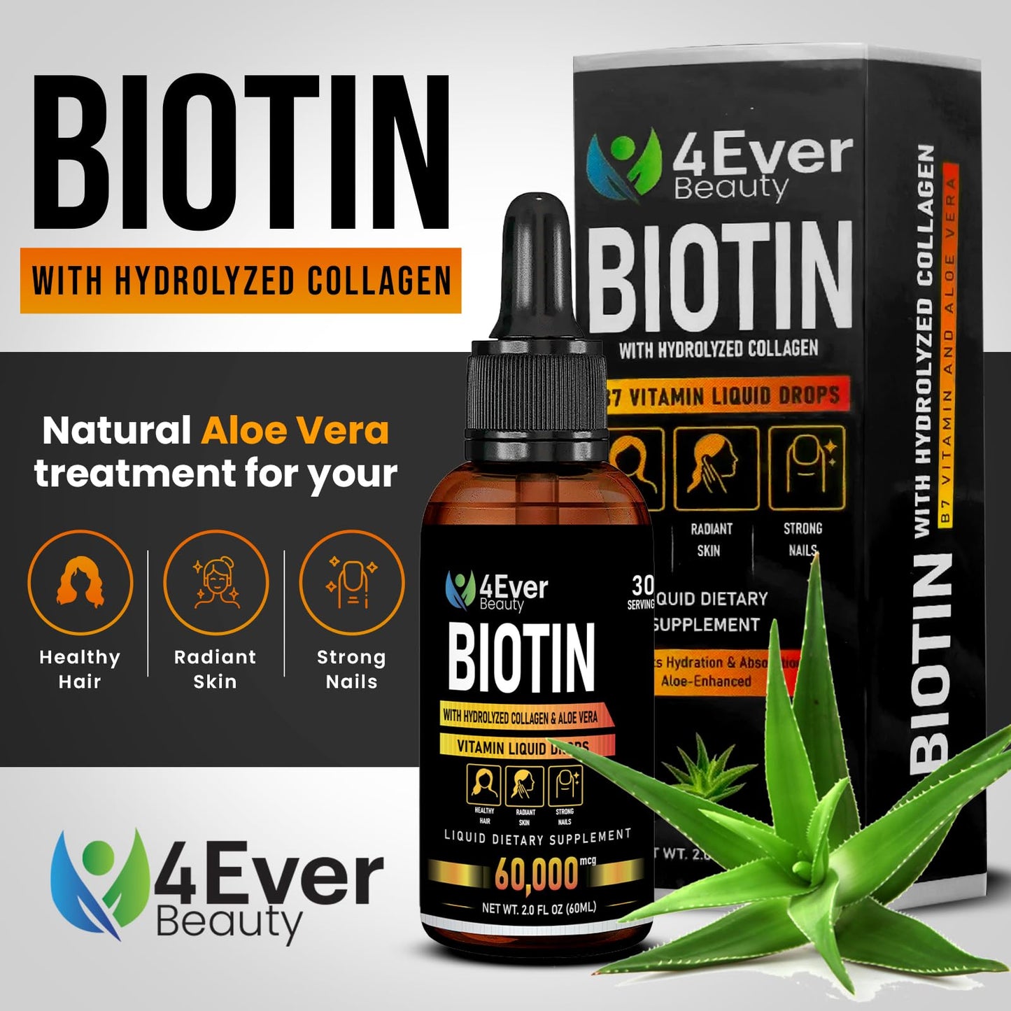 4Ever Beauty Biotin & Collagen Drops with Aloe – 60,000 mcg B7, Hair Growth, Nails, Skin – 2 fl oz
