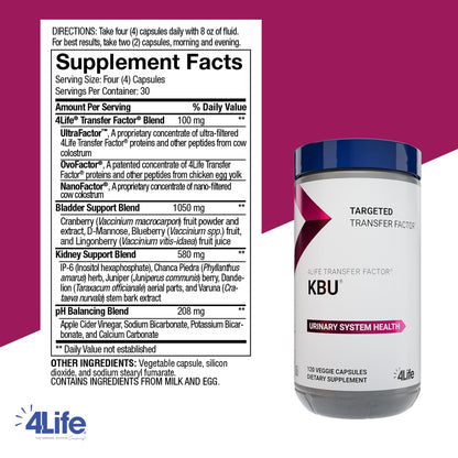4Life KBU Urinary Support Supplement – Transfer Factor & Cranberry, 120 Veggie Caps