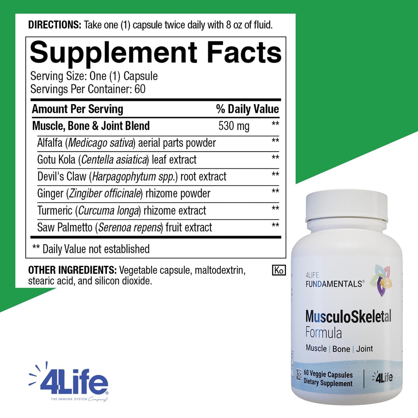 4Life Musculoskeletal Formula - Devil’s Claw, Turmeric, Gotu Kola and Alfalfa for Bone, Joint, Muscle and Tissue Health - 60 Veggie Capsules