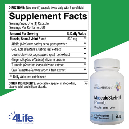 4Life Musculoskeletal Formula - Devil’s Claw, Turmeric, Gotu Kola and Alfalfa for Bone, Joint, Muscle and Tissue Health - 60 Veggie Capsules
