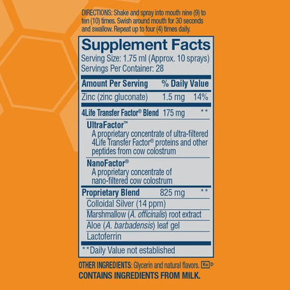 4Life Transfer Factor Immune Spray – Zinc, Marshmallow Root & Colloidal Silver – Orange 1.7 oz