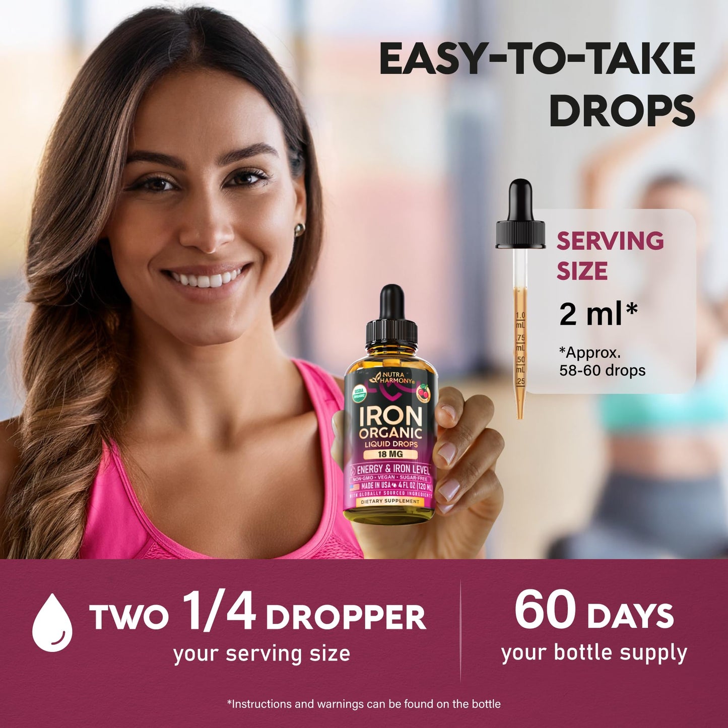 Liquid Iron Drops for Women 18 mg – USDA Organic, USA-Made, Cherry Flavor
