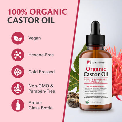 100% Pure Organic Castor Oil for Hair, Lash and Eyebrow Growth, Lymphatic Drainage and Skin Hydration | Hexane-Free, Cold Pressed, Unrefined in a 4 fl oz Glass Bottle with Dropper
